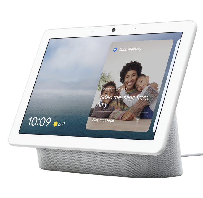 Google Nest Hub Max displaying a video message notification and weather information on the screen.