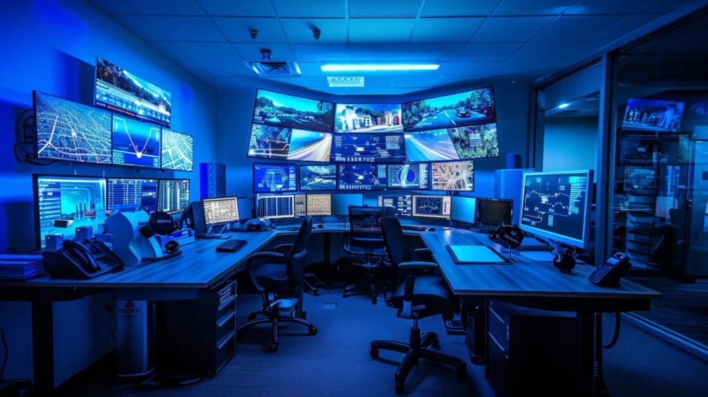 a sleek, modern control room with multiple high-tech screens displaying live feeds of smart home security systems, illuminated by cool blue and white lighting, showcasing a dedicated team of professionals monitoring the safety of various homes around the clock.