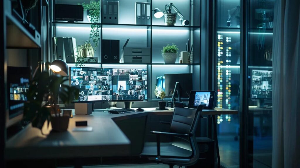 a sleek, modern home office features a high-tech security monitor displaying various alarm system plans and costs, surrounded by a stylish desk setup reflecting both professionalism and the importance of home safety.