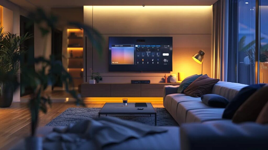 a sleek, modern living room features a high-tech security panel displaying real-time alerts, with a tranquil atmosphere that embodies enhanced safety and peace of mind.
