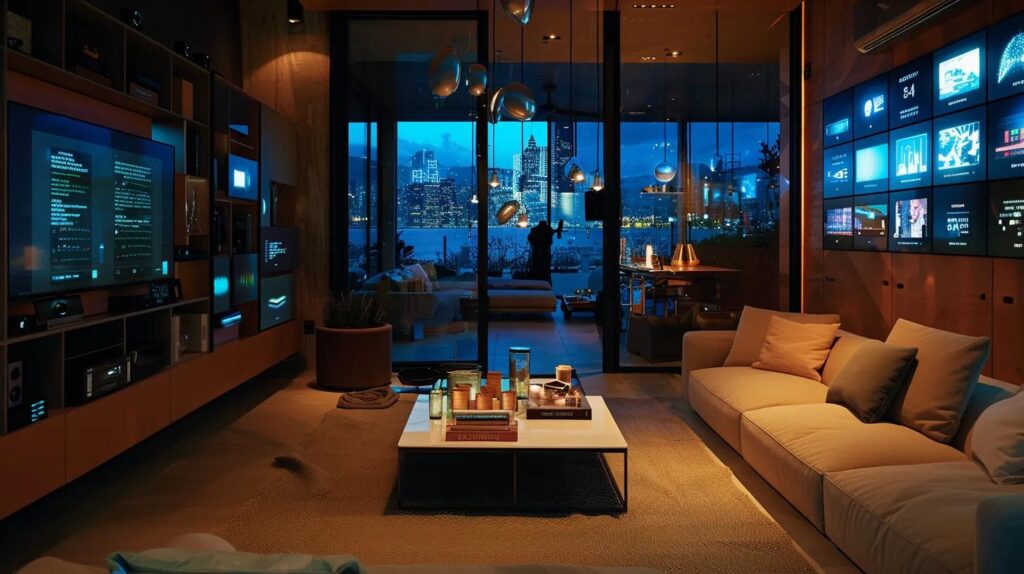 a sleek modern living room features an array of high-tech security devices, including a prominent smart camera and digital monitors displaying real-time alerts, evoking a sense of safety and advanced technology.
