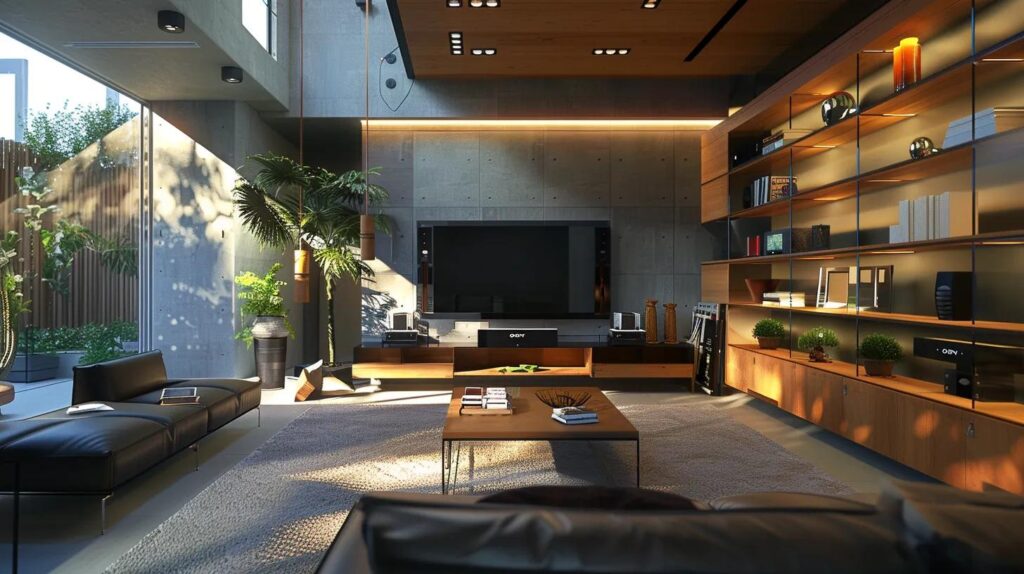 a sleek, modern living room features a user-friendly diy smart home security system in the foreground, with a well-organized space that showcases wireless devices and clear installation manuals against a backdrop of contemporary decor, highlighting the ease and accessibility of home security technology.