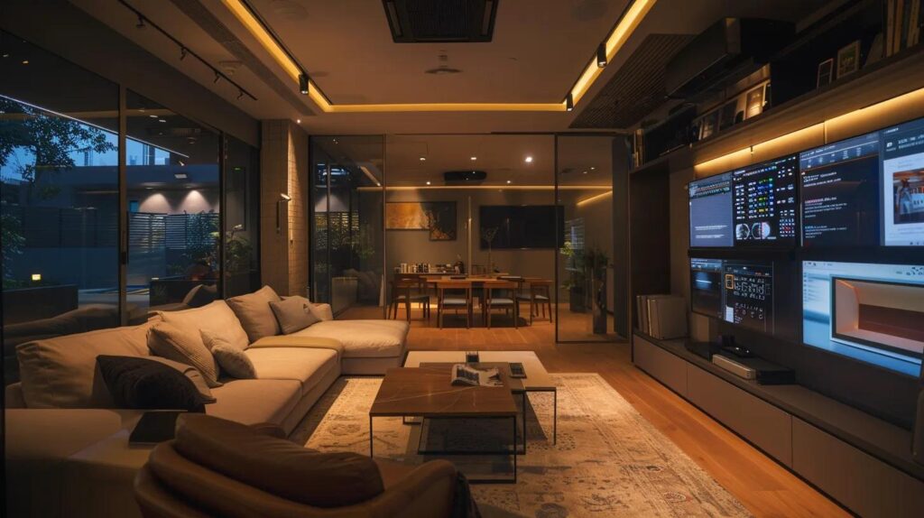 a sleek, modern living room showcases a high-tech residential security system with digital screens displaying surveillance footage, illuminated by soft ambient lighting that conveys a sense of safety and sophistication.