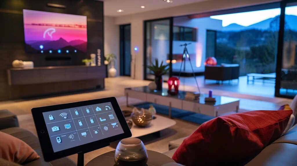 a sleek, modern living room showcases a smart home interface on a high-tech tablet, displaying interconnected security features like alarm systems, smart locks, and surveillance cameras, all bathed in soft, ambient lighting.