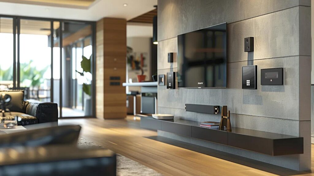 a modern home interior showcases a customizable residential security system, featuring sleek wall-mounted panels, strategically placed sensors on doors and windows, and a state-of-the-art digital display highlighting security options in an elegant living room setting.