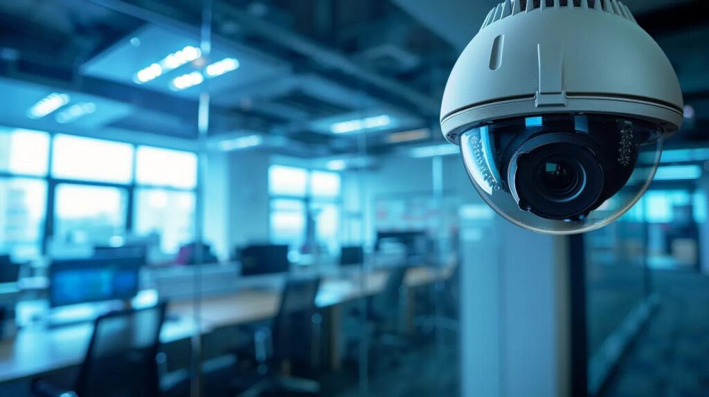 a modern office featuring advanced surveillance cameras and a sleek alarm system prominently displayed, emphasizing the importance of a robust business security system for asset protection and risk reduction.