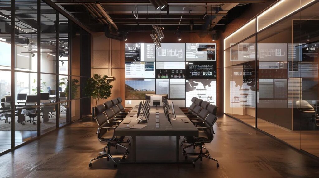 a modern office space features sleek security system displays showcasing various integration options on a large screen while professionals engage in a focused discussion around a polished conference table.