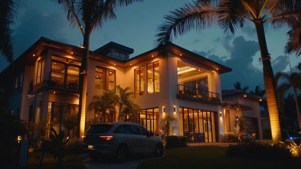 a modern, sleek home in port st. lucie is illuminated at night, showcasing glowing adt surveillance cameras strategically placed for maximum security, while a satisfied family enjoys their cozy living space, embodying peace of mind and the reassurance of professional monitoring.