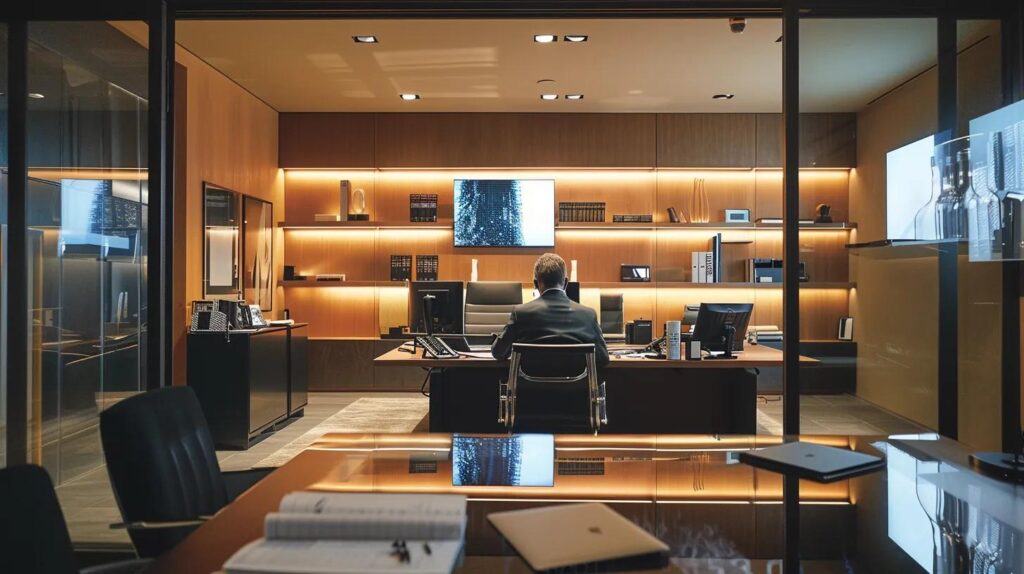 a professional consultation setting features a sleek, modern office where a security expert discusses adt surveillance systems with a interested homeowner, highlighting technical equipment and security blueprints on a polished conference table.