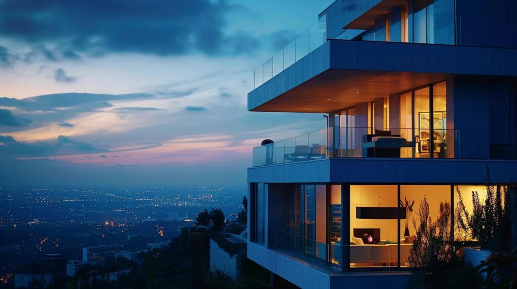 a sleek, modern home adorned with advanced security sensors is illuminated by the soft glow of surveillance monitors inside, highlighting the reassuring presence of 24/7 professional monitoring against a twilight urban backdrop.
