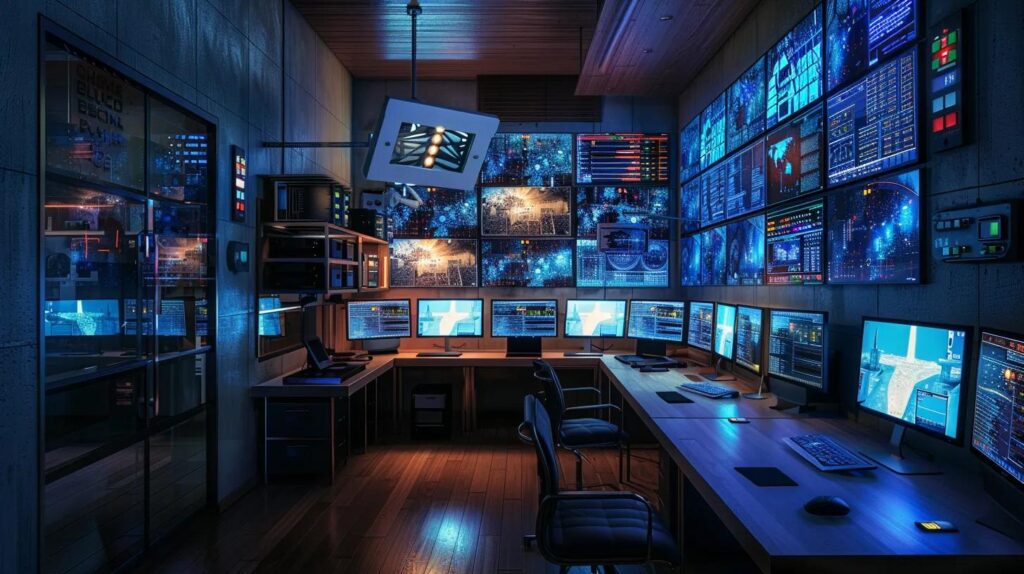 a sleek, modern home security control center with glowing surveillance screens, displaying real-time alerts and emergency response coordination, encapsulating the urgency and efficiency of professional monitoring in residential security.