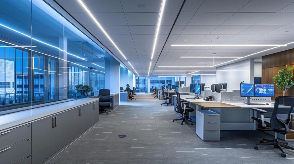 a sleek, modern office environment showcases advanced security technology, featuring a digital surveillance system integrating seamlessly with smart devices, all bathed in dynamic led lighting that emphasizes innovation and efficiency.