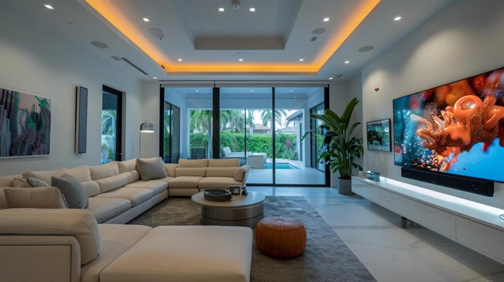 a sleek, state-of-the-art adt surveillance system is prominently displayed in a modern, well-lit living room, showcasing the advanced technology and reliability that homeowners in port st. lucie trust for their security.